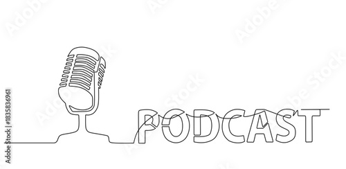 continuous single line drawing of handwritten word PODCAST and microphone and headphones  podcasting concept line art vector illustration