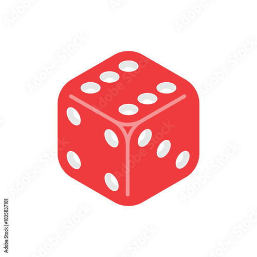 Red Six-Sided Dice Cube Icon for Game and Casino Designs. Vector Illustration on White Background.