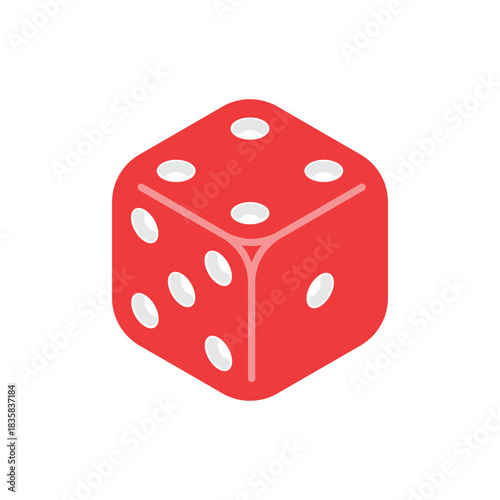 Red Six-Sided Dice Cube Icon for Game and Casino Designs. Vector Illustration on White Background.