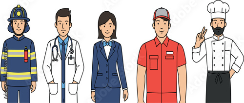 Set of professional worker characters including firefighter doctor businesswoman delivery man and chef in occupation vector illustration