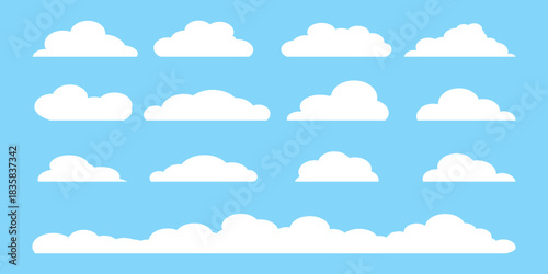 set of vector illustrations of clumpy clouds, cloud bubbles in flat style on a blue background