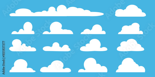 set of vector illustrations of clumpy clouds, cloud bubbles in flat style on a blue background