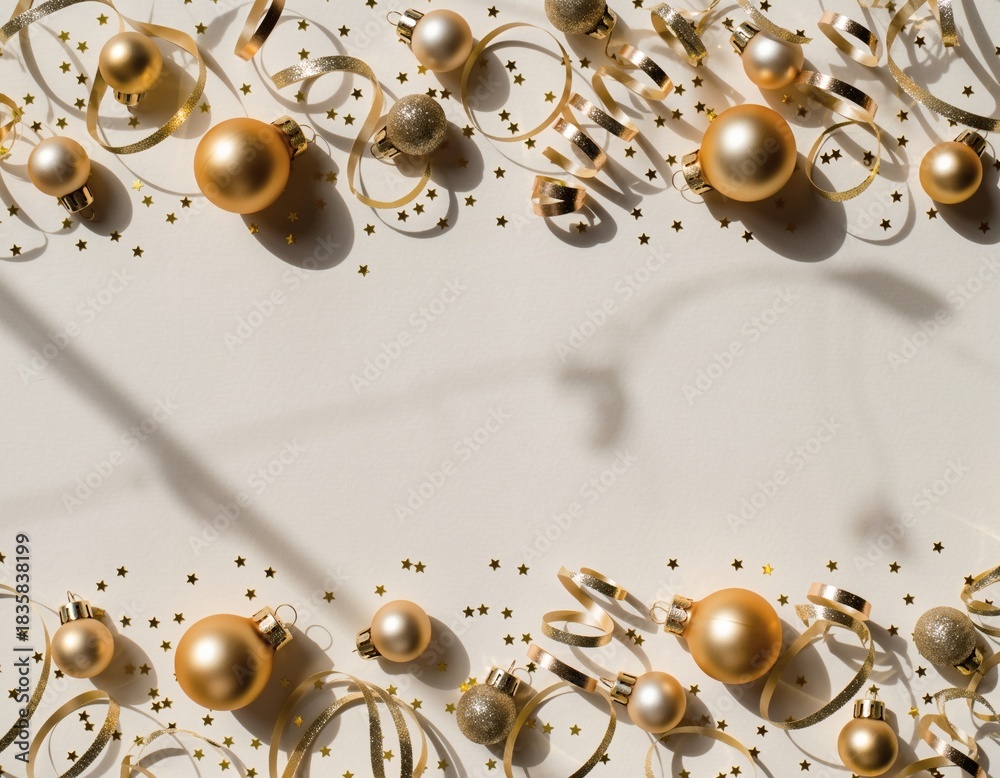 Obraz premium Christmas decoration frame with gold baubles and ribbon on white background