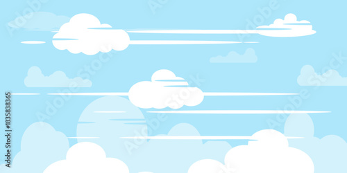 Illustration of a blue sky with white clouds in a flat style. Blue sky background and white clouds. Cartoon sky	