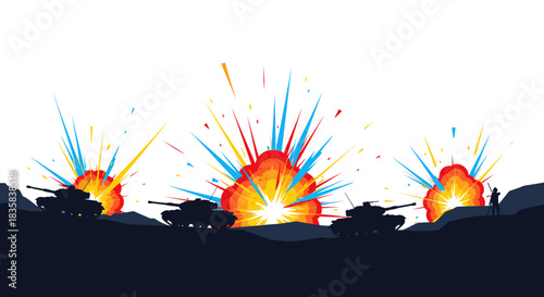 Silhouettes of tanks and soldiers on a battlefield with multiple colorful explosions against a white background.