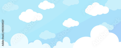 Illustration of a blue sky with white clouds in a flat style. Blue sky background and white clouds. Cartoon sky	