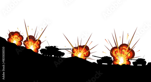 Silhouettes of tanks on a battlefield with multiple fiery explosions against a white background.