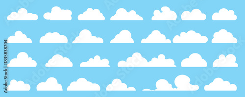 set of vector illustrations of clumpy clouds, cloud bubbles in flat style on a blue background	