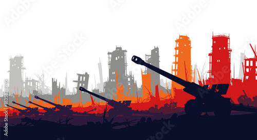 Silhouette of artillery guns aimed at a war-torn city with destroyed buildings and structures.