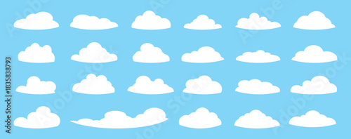 set of vector illustrations of clumpy clouds, cloud bubbles in flat style on a blue background	