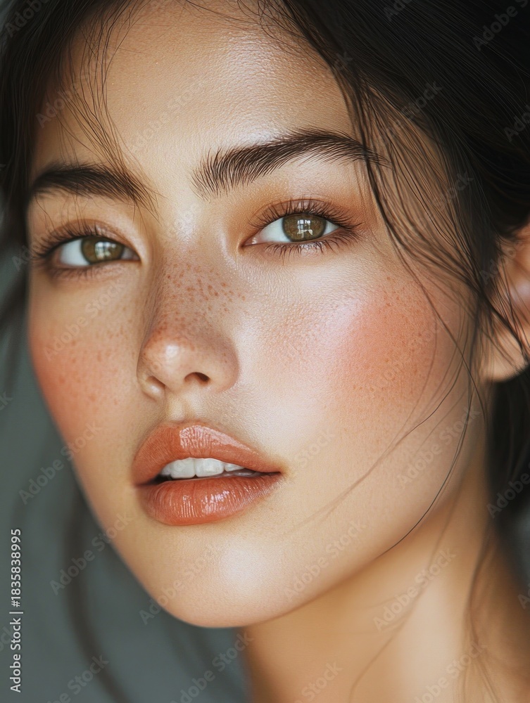 Fototapeta premium Close-up portrait of a young woman with smooth skin, natural makeup, freckles, glossy lips, and expressive eyes, conveying calm and confidence