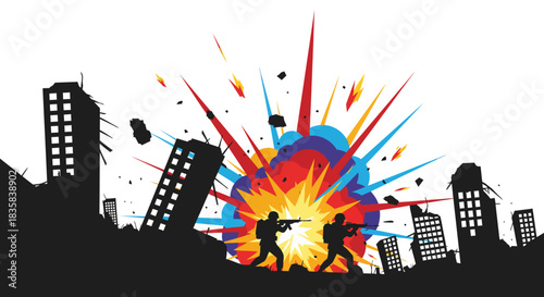 Silhouettes of soldiers in a war-torn city with a large explosion in the background.