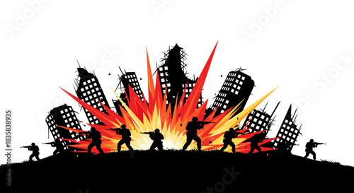Silhouetted soldiers in a war zone with explosions and destroyed buildings.