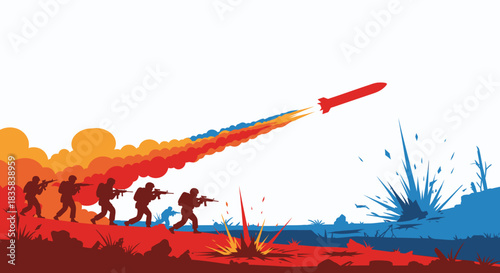 Silhouette of soldiers advancing towards a missile launch and explosions, representing conflict.