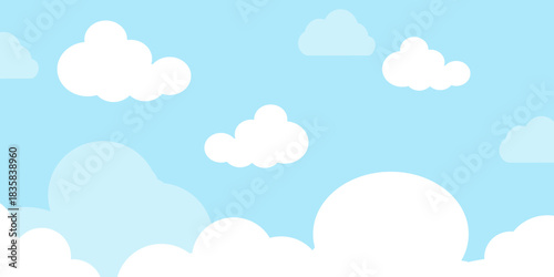 Illustration of a blue sky with white clouds in a flat style. Blue sky background and white clouds. Cartoon sky	