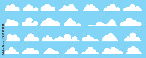 set of vector illustrations of clumpy clouds, cloud bubbles in flat style on a blue background	