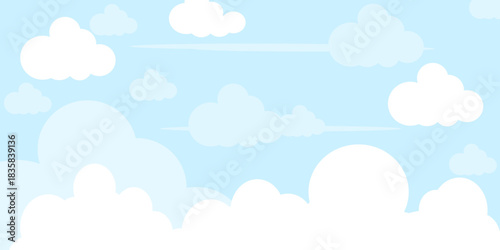 Illustration of a blue sky with white clouds in a flat style. Blue sky background and white clouds. Cartoon sky	