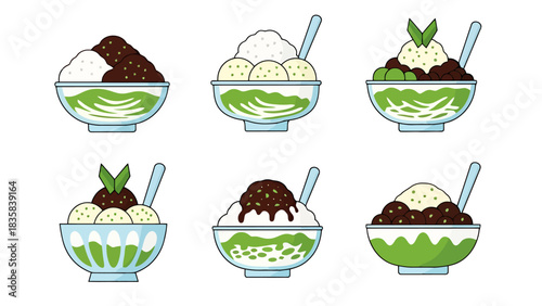 Refreshing Dessert Collection Shaved Ice Treats with Sweet Toppings dessert bowl hand drawn illustration outline es cendol indonesia drink