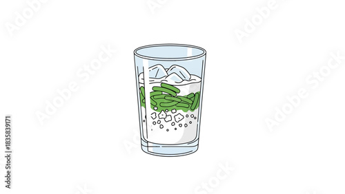 Refreshing Glass of Iced Drink with Green Jelly and Cubes dessert bowl hand drawn illustration outline es cendol indonesia drink