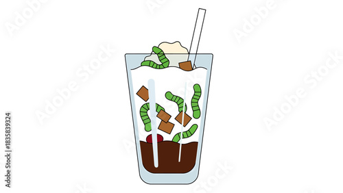 Summer Refreshment Whimsical Drink with Colorful Ice Cubes and Cream dessert bowl hand drawn illustration outline es cendol indonesia food