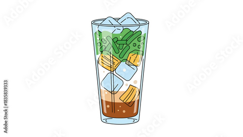 Refreshing Iced Beverage with Ice Cubes and Layers of Flavor dessert bowl hand drawn illustration outline es cendol indonesia food