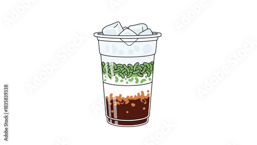 Refreshing Layered Dessert Drink in Clear Takeaway Cup with Ice dessert bowl hand drawn illustration outline es cendol indonesia food