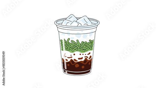 Refreshing Dessert Drink with Ice and Sweet Layers in Clear Cup dessert bowl hand drawn illustration outline es cendol indonesia food