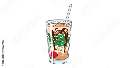 Refreshing Sweet Dessert Drink with Jelly and Cherry Topping dessert bowl hand drawn illustration outline es cendol indonesia drink