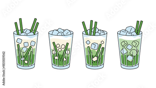 Refreshing Green Herbal Beverage with Ice Cubes in Glass dessert bowl hand drawn illustration outline es cendol indonesia food