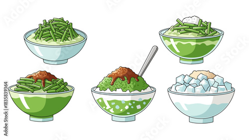 Refreshing Green Dessert Bowls with Toppings Illustration dessert bowl hand drawn illustration outline es cendol indonesia food