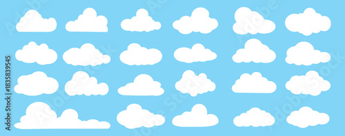 set of vector illustrations of clumpy clouds, cloud bubbles in flat style on a blue background	