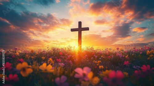 Wallpaper Mural Wooden cross standing in a colorful wildflower field at vibrant sunrise with dramatic clouds and warm glowing light Torontodigital.ca