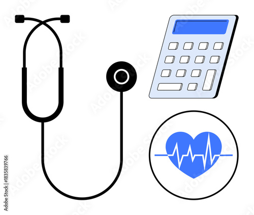 Healthcare management, medical billing, financial planning, diagnostics, health monitoring, cost analysis. Stethoscope, calculator and heartbeat icon . Healthcare management and medical billing
