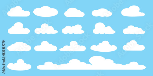 set of vector illustrations of clumpy clouds, cloud bubbles in flat style on a blue background