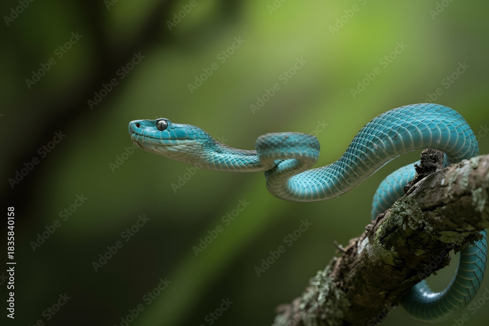 Fototapeta premium Closeup of a blue viper snake perched on a branch in the jungle