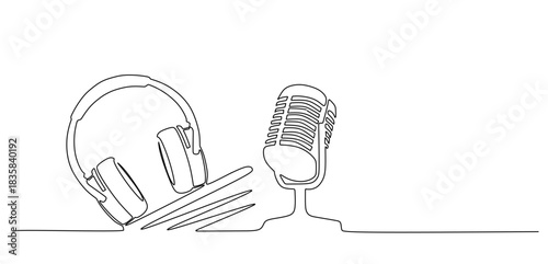 continuous single line drawing of handwritten word PODCAST and microphone and headphones  podcasting concept line art vector illustration