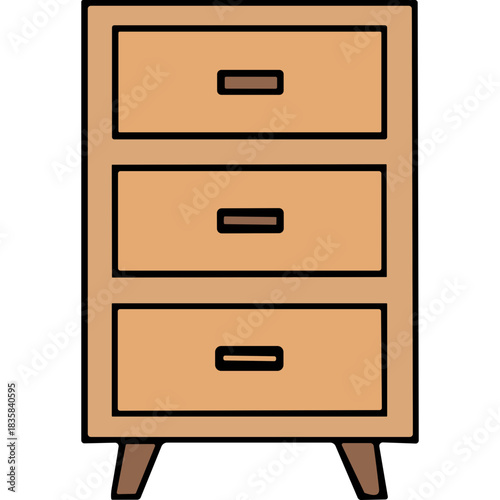 Simple Wooden Three Drawer Cabinet with Brown Handles and Legs Against a Black Background Minimalist Furniture Design
