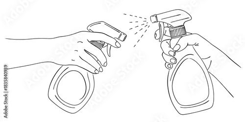 スプレーボトル（洗剤）を使う手のイラストセット（掃除・除菌）,クリーナー,噴射,家事,日用品,シンプル,ベクター, 線画