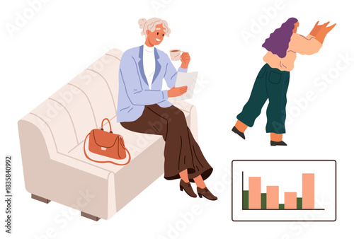 Senior woman reading paper on sofa with handbag, young woman holding boxes, and chart with bar graph. Ideal for demographics, consumer behavior, lifestyle, senior activities, data analysis, shopping