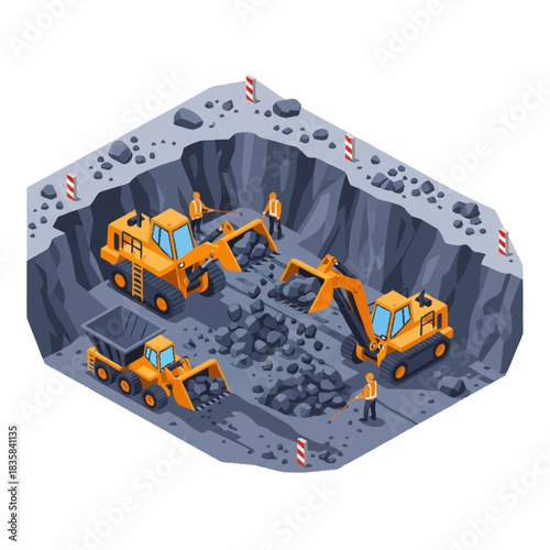 Isometric illustration of heavy machinery working in a quarry pit.