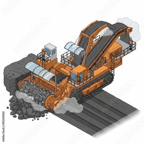 Isometric Illustration of a Large Industrial Mining Machine Excavating Coal.