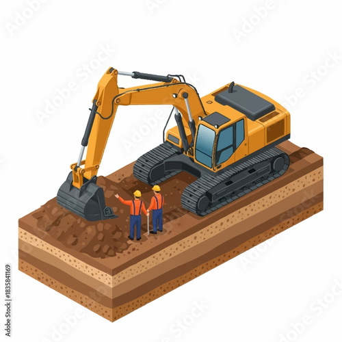 Construction site with excavator and workers, earth moving equipment.