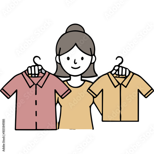 Smiling Woman Holds Two Collared Shirts One Pink One Yellow Against a Black Background Choosing Outfit Fashion Style Selection
