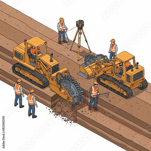 Construction Site with Trenching Machines and Workers Illustration.