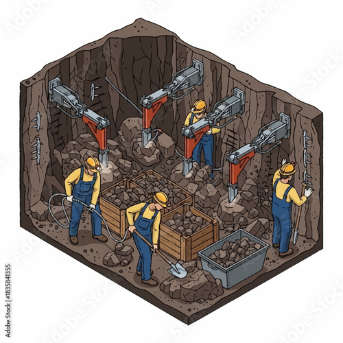 Isometric illustration of miners working in an underground excavation site.