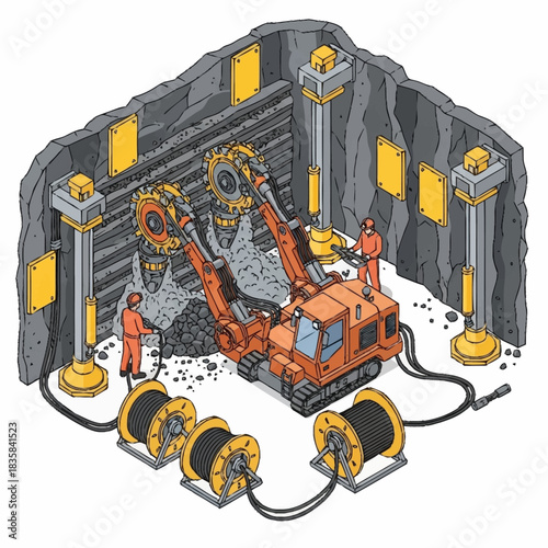 Isometric illustration of a continuous miner machine in an underground coal mine.