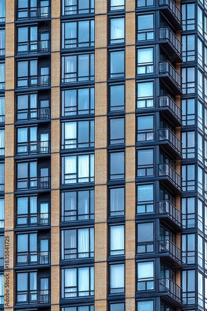 custom made wallpaper toronto digitalHigh-rise residential building facade featuring multiple windows and small balconies with blue tinted glass and light brick column details