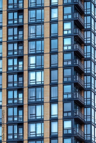 High-rise residential building facade featuring multiple windows and small balconies with blue tinted glass and light brick column details