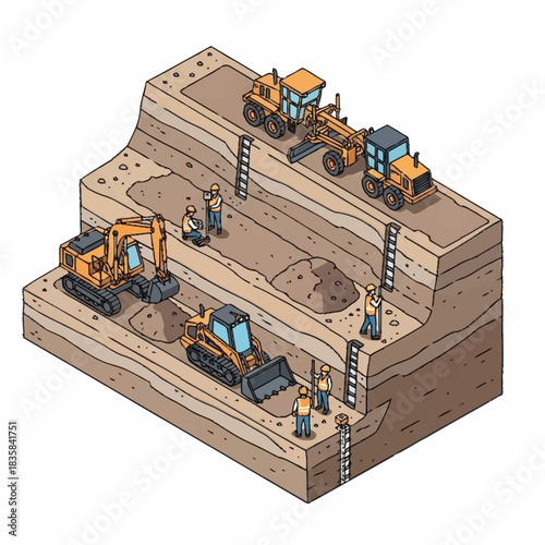 Construction site with heavy machinery and workers excavating earth.