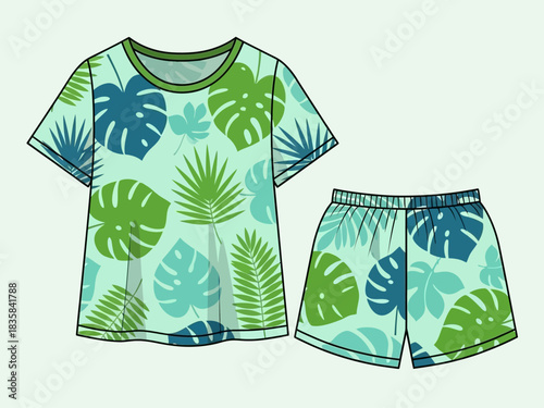 Tropical leaf print pajama set for comfortable sleepwear fashion.